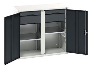 Verso partitioned cupboard with 2 shelves, 4 drawers. WxDxH: 1050x550x1000mm. RAL 7035/5010 or selected Bott Verso Basic Tool Cupboards Cupboard with shelves